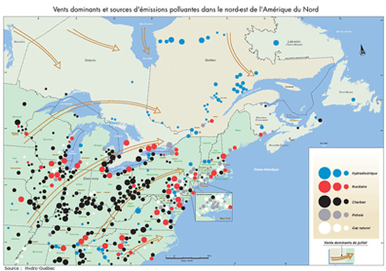 Vents dominants et sources d'missions polluantes dans le nord-est de l'Amrique du Nord