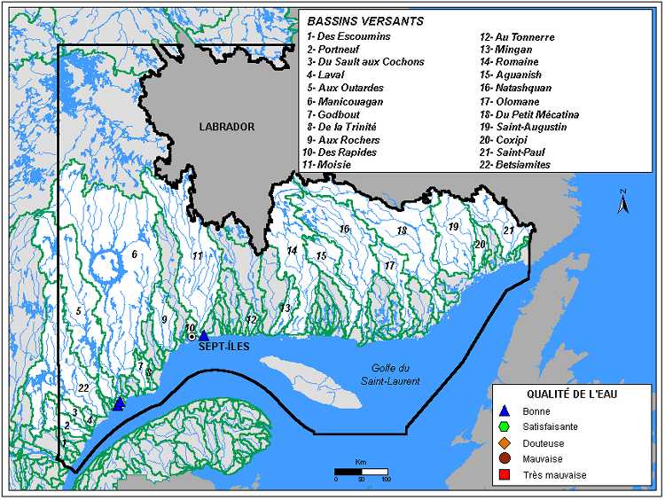 Carte 3.1 : Qualit de leau des rivires de la rgion de la Cte-Nord