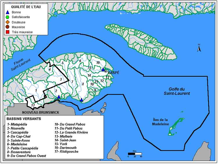 Carte 3.1 : Qualit de leau des rivires de la rgion de la Gaspsieles-de-la-Madeleine